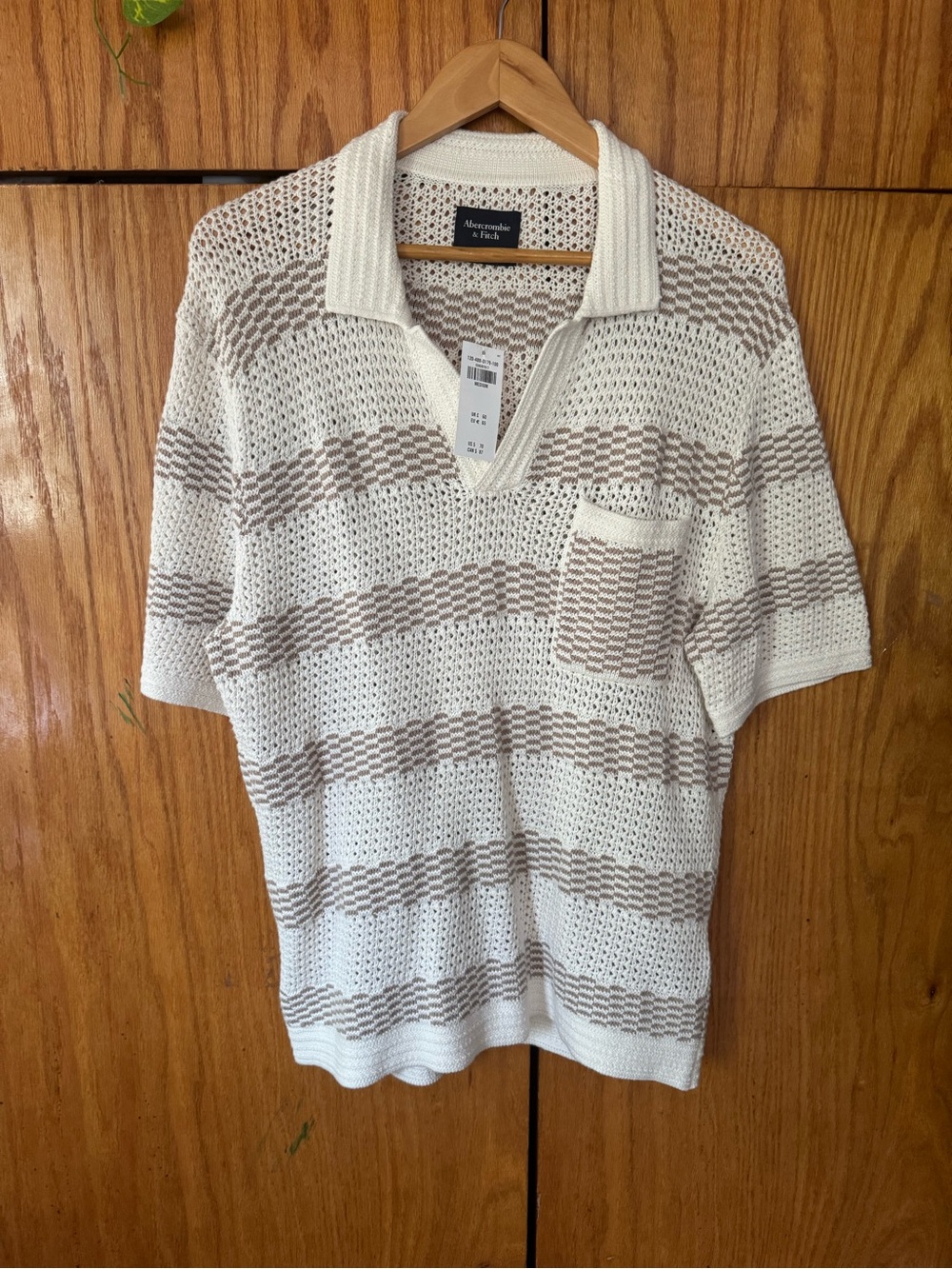 Abercrombie & Fitch Cream and Tan Striped V‑Neck Knit Polo Sweater